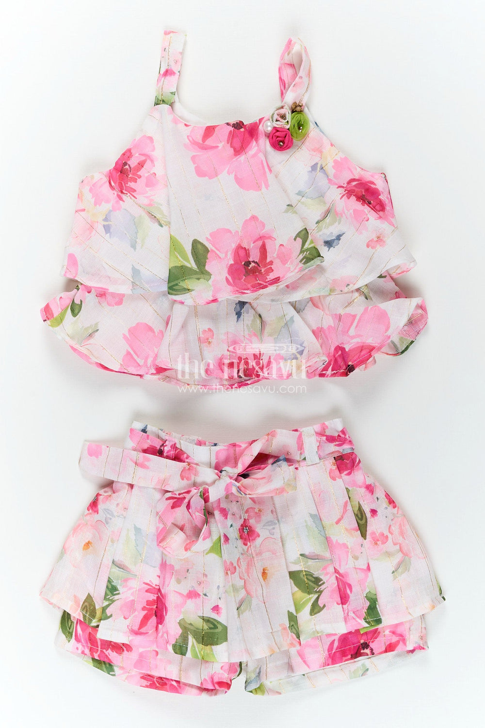 The Nesavu Sleeveless floral casual set for toddler girls for outings and summer wear Nesavu 18 (2Y) / Pink BFJ858B-18 Nesavu toddler girls floral casual set bow belt  comfy outfit outings summer fun