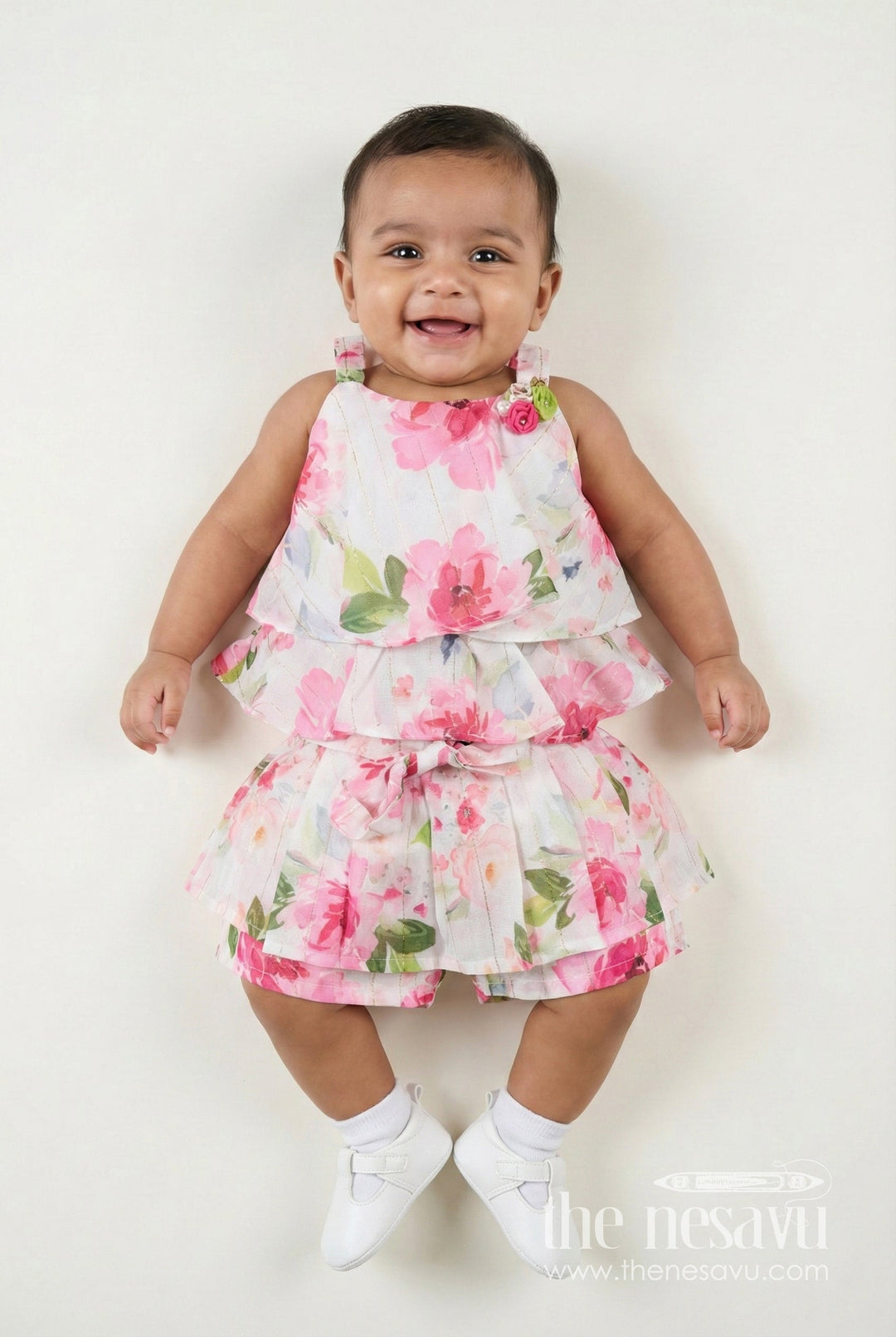 The Nesavu Girls Casual Set Sleeveless Floral Casual Set for Toddler Girls for Outings and Summer Wear Nesavu 18 (2Y) / Pink BFJ858B-18 Nesavu toddler girls floral casual set bow belt  comfy outfit outings summer fun