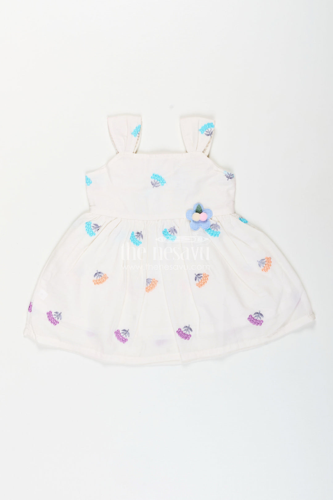 The Nesavu Baby Cotton Frocks Sleeveless frock for baby girls with multicolor floral embroidery Nesavu 14 (6M) / White BFJ853B-14 Nesavu sleeveless cotton frock for baby girls with colorful floral thread embroidery