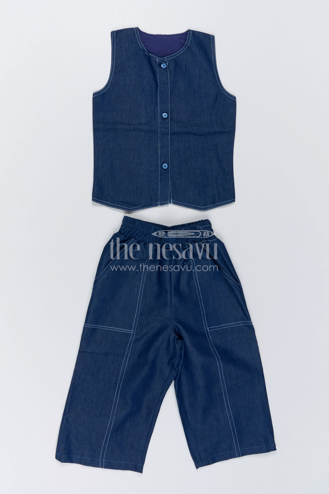 The Nesavu Girls Co-Ord Sets Sleeveless Girls Co Ord Set for Casual Travel Styling Nesavu 22 (4Y) / Blue / Cotton Blend GCS066A-22 Nesavu Sleeveless Girls Co Ord Set With Wide Leg Pants For Casual Travel Styling