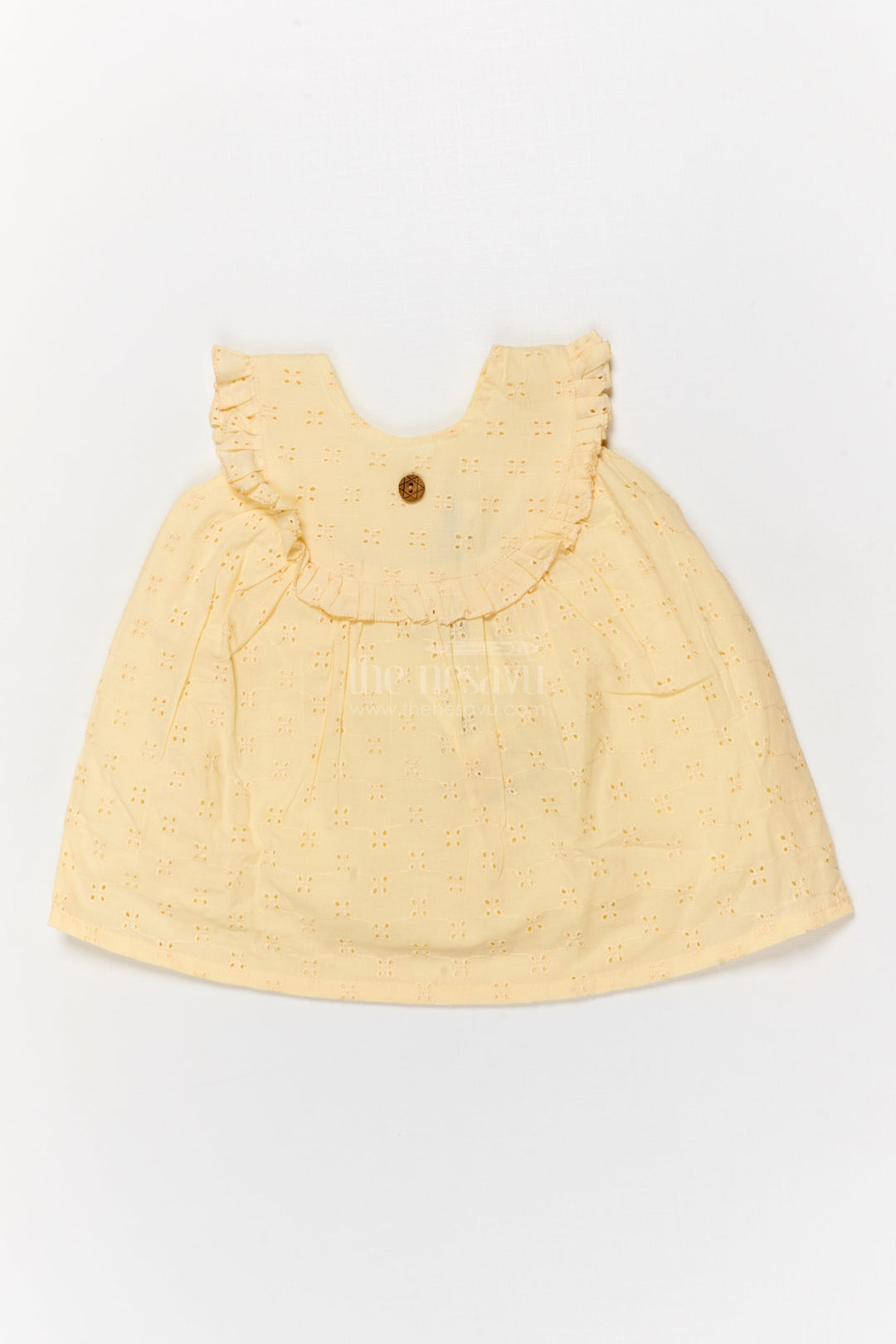 The Nesavu Baby Cotton Frocks Sleeveless Hakoba Frock for Baby Girls with Ruffle Detail for Traditional Moments Nesavu 14 (6M) / Yellow BFJ894C-14 Nesavu baby girl sleeveless hakoba cotton frock with ruffle detail for traditional family outings