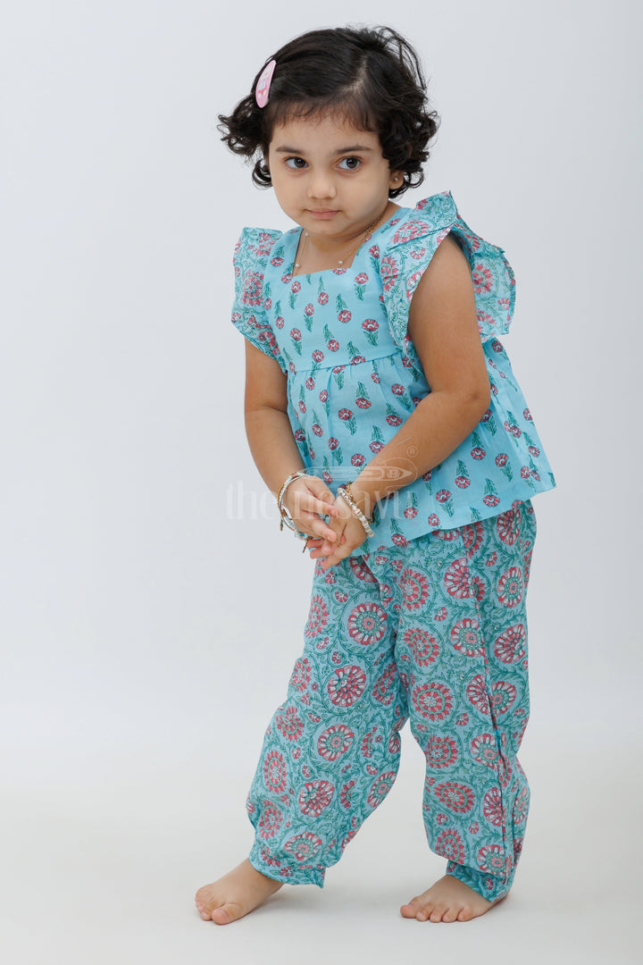 The Nesavu Girls Sharara / Plazo Set Sleeveless Jaipur Cotton Print Top and Haram Pant Set - Aqua and Pink Nesavu Sleeveless Jaipur Cotton Print Top and Haram Pant Set - Aqua and Pink for Girls