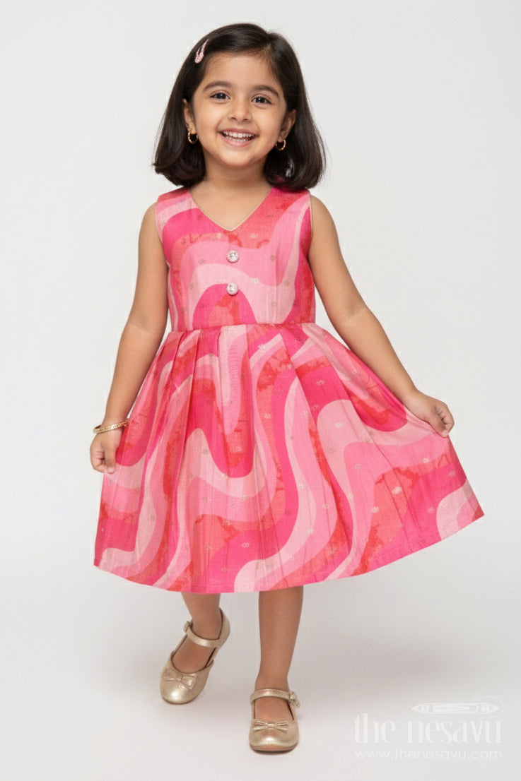 The Nesavu Silk Frock Sleeveless Silk Frock for Baby Girls for Birthdays and Playdates Nesavu 18 (2Y) / Pink SF1101A-18 Nesavu sleeveless silk frock with vibrant prints in Banaras art silk for birthdays and casual festive days
