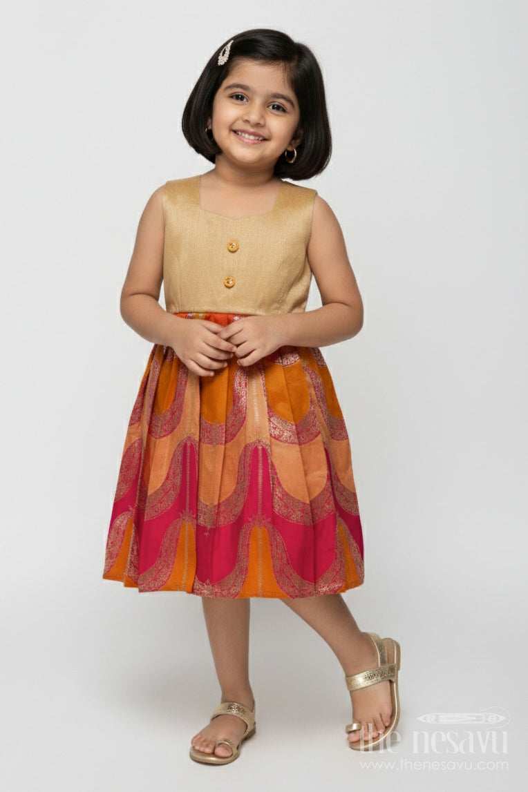The Nesavu Silk Frock Sleeveless Silk Frock for Baby Girls for Rituals and Family Functions Nesavu 18 (2Y) / Orange SF1103B-18 Nesavu semi Banaras silk frock with raw silk yoke for baby girls – perfect for festive rituals and family gatherings