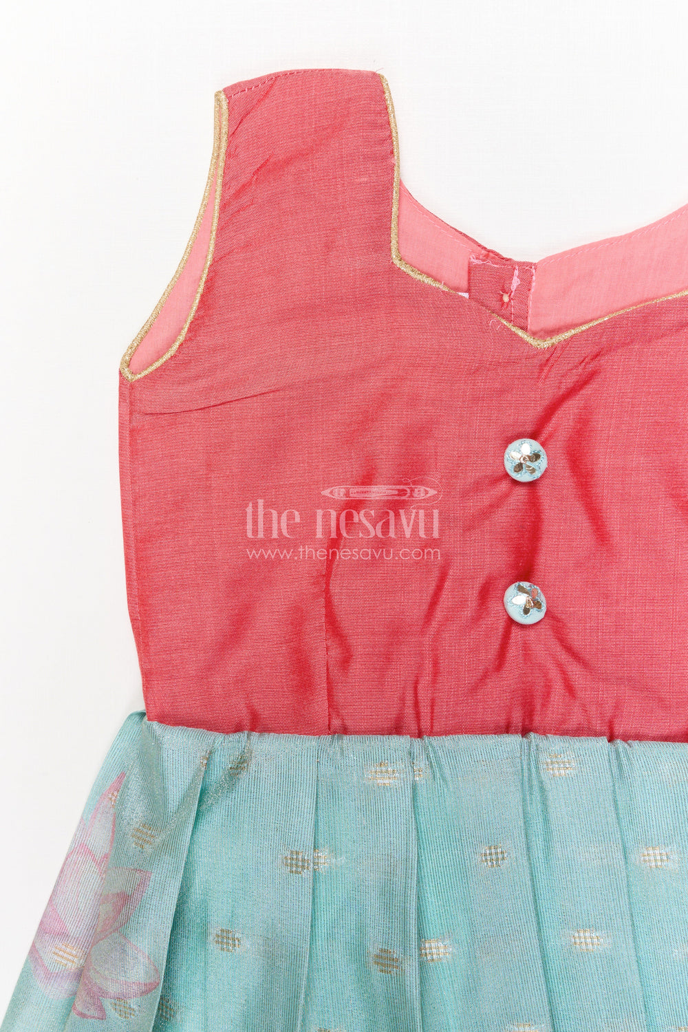 The Nesavu Silk Frock Sleeveless Silk Frock for Baby Girls with Lotus Print for Festive Wear Nesavu Nesavu sleeveless silk frock for baby girls with lotus motif and pleated skirt – perfect for ethnic occasions