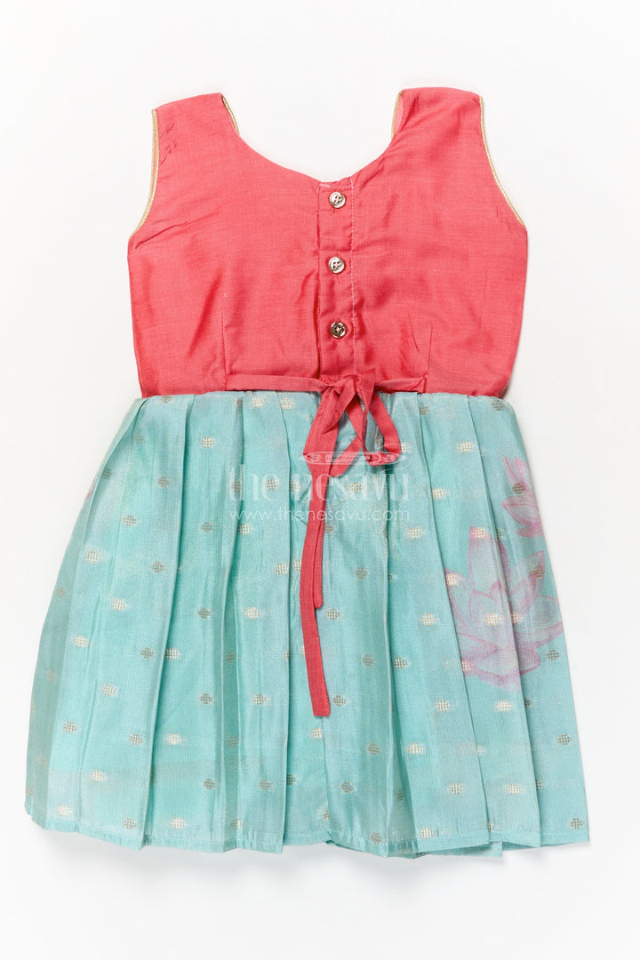 The Nesavu Silk Frock Sleeveless Silk Frock for Baby Girls with Lotus Print for Festive Wear Nesavu Nesavu sleeveless silk frock for baby girls with lotus motif and pleated skirt – perfect for ethnic occasions