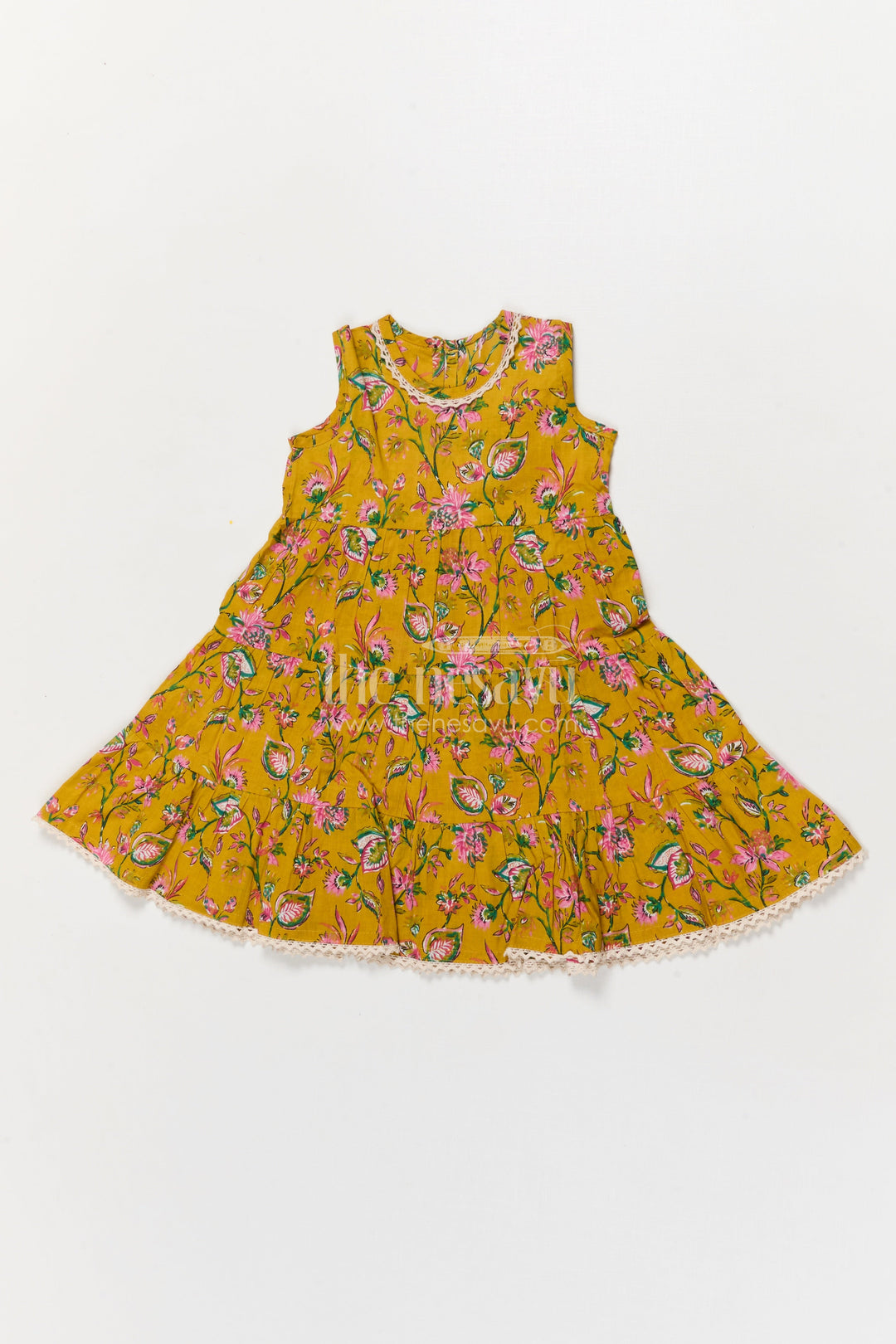 The Nesavu Girls Cotton Frock Sleeveless Yellow Floral Frock for Toddler Girls – Perfect for Summer and Outings Nesavu 16 (1Y) / Yellow GFC2050A-16 Nesavu sleeveless floral cotton frock for toddler girls in yellow – perfect for summer birthdays
