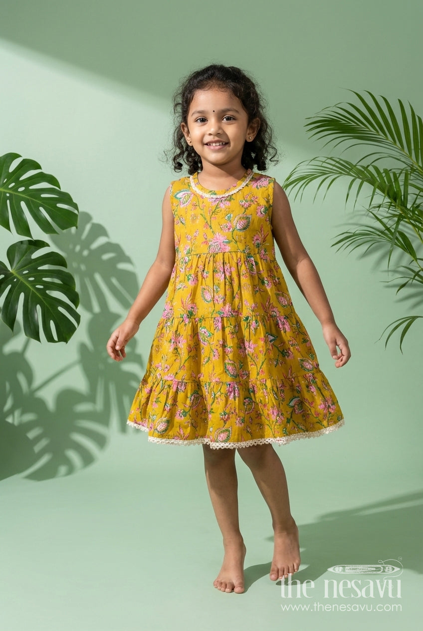 The Nesavu Girls Cotton Frock Sleeveless Yellow Floral Frock for Toddler Girls – Perfect for Summer and Outings Nesavu 16 (1Y) / Yellow GFC2050A-16 Nesavu sleeveless floral cotton frock for toddler girls in yellow – perfect for summer birthdays
