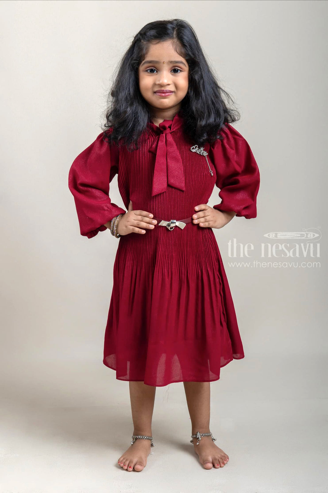 The Nesavu Girls Fancy Frock Small Pleated Maroon Frock with Balloon Sleeves for Baby Girls Nesavu 20 (3Y) / Maroon / Crepe GFC1068A-20 Small Pleated Maroon Frock with Balloon Sleeves for Baby Girls | The Nesavu