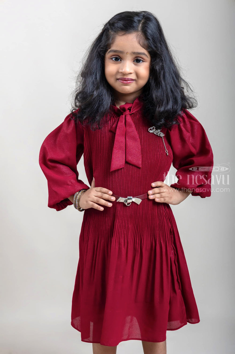 The Nesavu Girls Fancy Frock Small Pleated Maroon Frock with Balloon Sleeves for Baby Girls Nesavu Small Pleated Maroon Frock with Balloon Sleeves for Baby Girls | The Nesavu