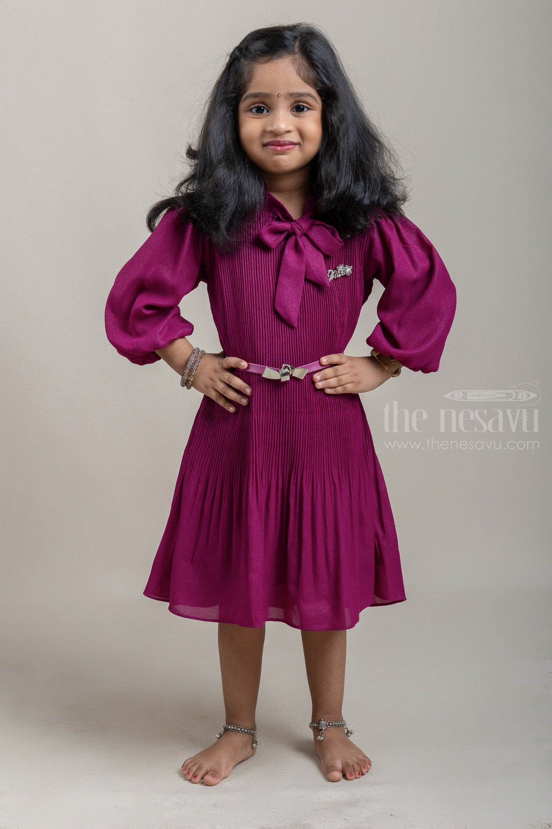 The Nesavu Frocks & Dresses Small Pleated Purple Frock with Balloon Sleeves for Baby Girls psr silks Nesavu 20 (3Y) / Purple GFC1068B