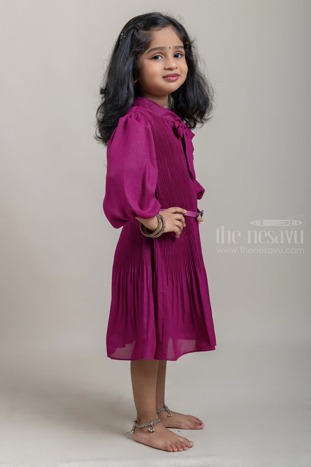 The Nesavu Frocks & Dresses Small Pleated Purple Frock with Balloon Sleeves for Baby Girls psr silks Nesavu