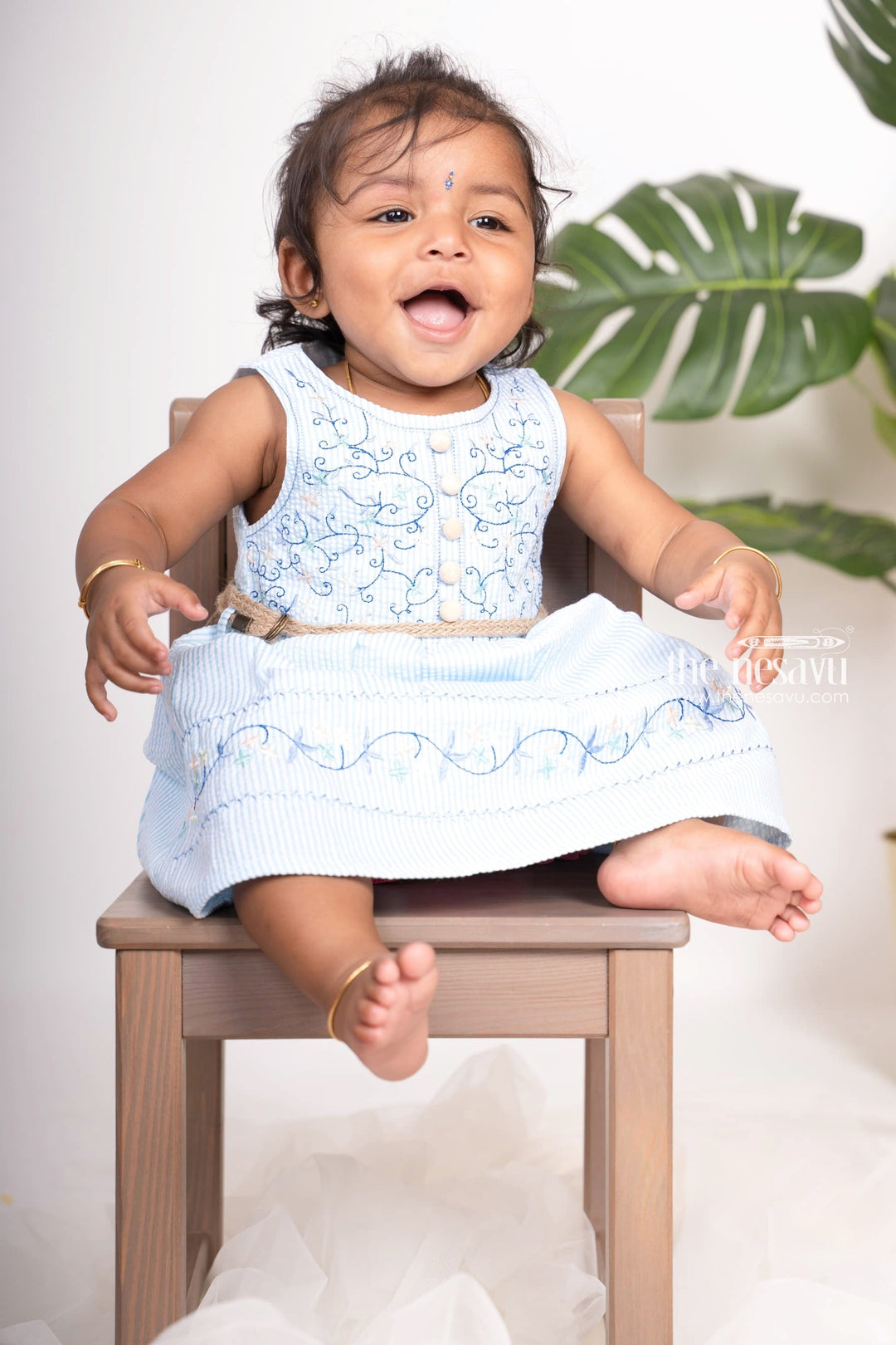The Nesavu Baby Cotton Frocks Soft Cotton Embroidered Party Wear Gown For Baby Girls With Hip Belt Nesavu 14 (6M) / Blue / Cotton BFJ300-14 Latest Cotton Frocks For New Born Baby Girls Online At The Nesavu