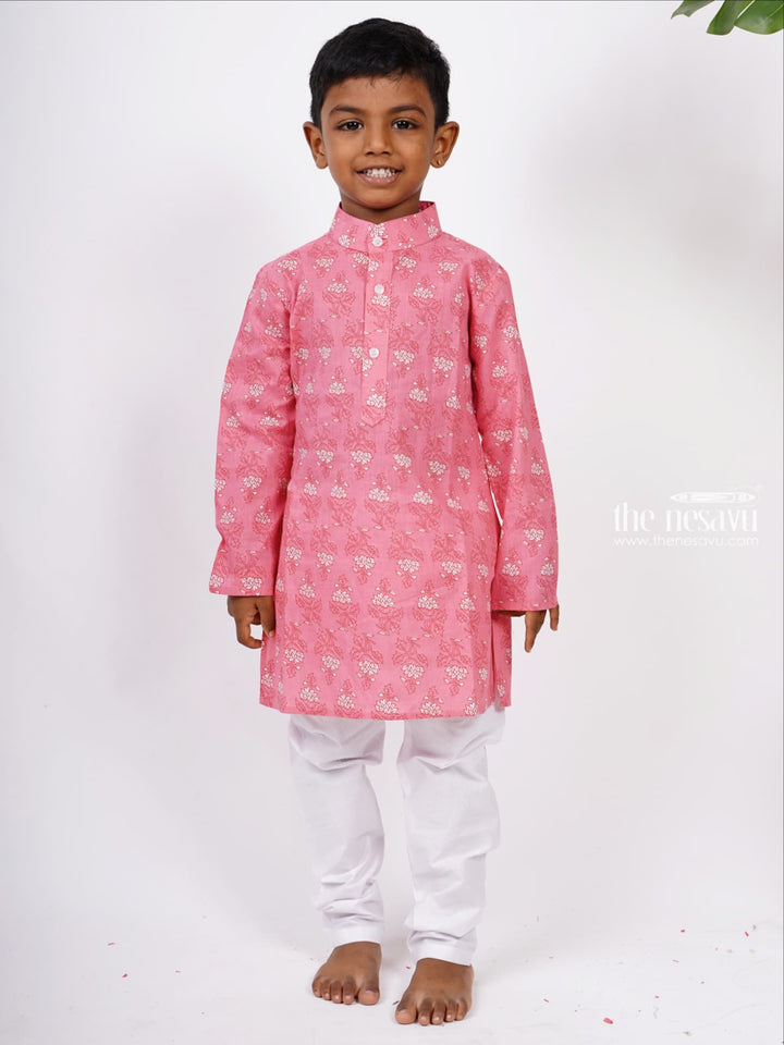 The Nesavu Boys Kurtha Set Soft Cotton Floral Print Kurta with White Pant for Boys Nesavu 14 (6M) / Pink BES65-14 Buy Latest Cotton Collection | Boys Kurta Design Ideas | The Nesavu
