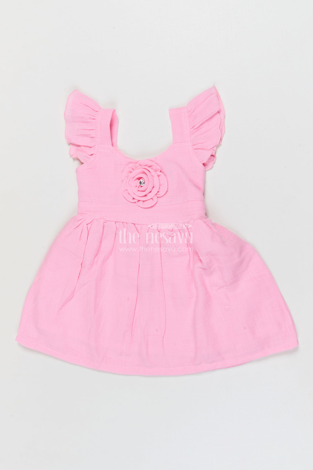The Nesavu Girls Cotton Frock Soft Cotton Frock for Baby Girls’ Playful Outings Nesavu 14 (6M) / Pink / Muslin Cotton BFJ917C-14 Nesavu baby girl cotton frock with rosette detail and flutter sleeves for casual wear