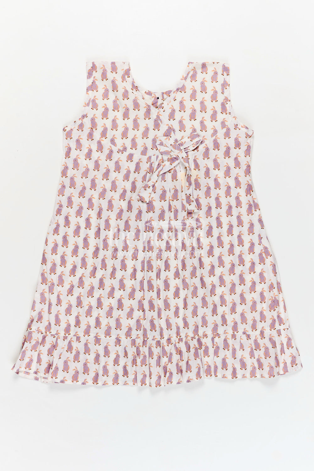 The Nesavu Girls Cotton Frock Soft Cotton Frock for Girls with Hand Block Bunny Print and Elegant Frill Edges in Off White Nesavu 18 (2Y) / Half white GFC1793A-18 Nesavu Girls Soft Cotton Frock Hand Block Bunny Print Frilled Hem Creamy White