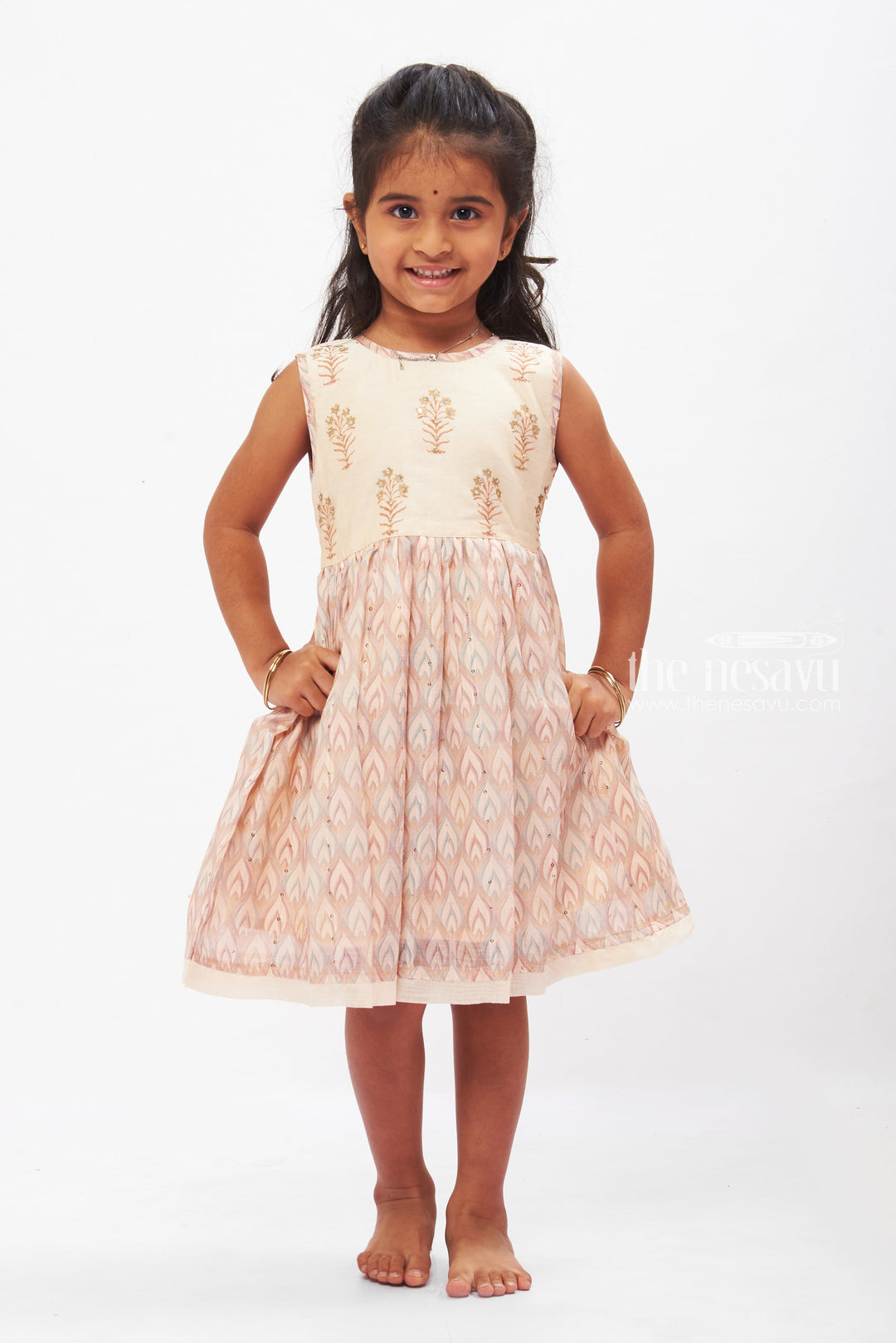 The Nesavu Girls Cotton Frock Soft Cotton Leaf-Print Frock with Delicate Accents for Girls Nesavu 12 (3M) / Half white GFC1231A-12 Girls Summer Cotton Dress Essentials | Neutral Leaf-Print Frock | The Nesavu