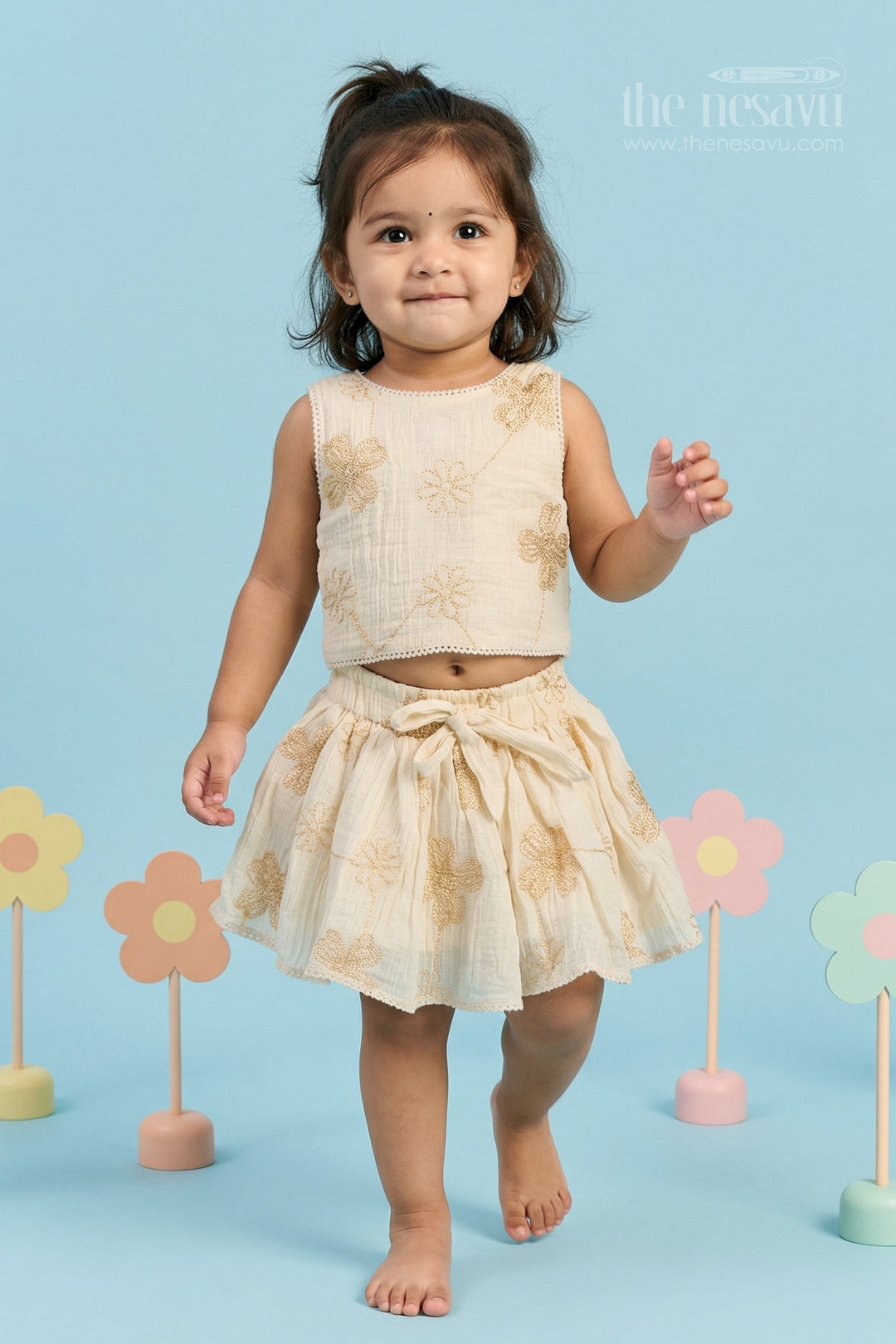 The Nesavu Baby Cotton Frocks Soft Cotton Party Frock for Baby Girl Celebrations Nesavu 16 (1Y) / Half white / Cotton BFJ986A-16 Nesavu baby girl cotton frock for birthdays with thread embroidery soft breathable fabric and flared design
