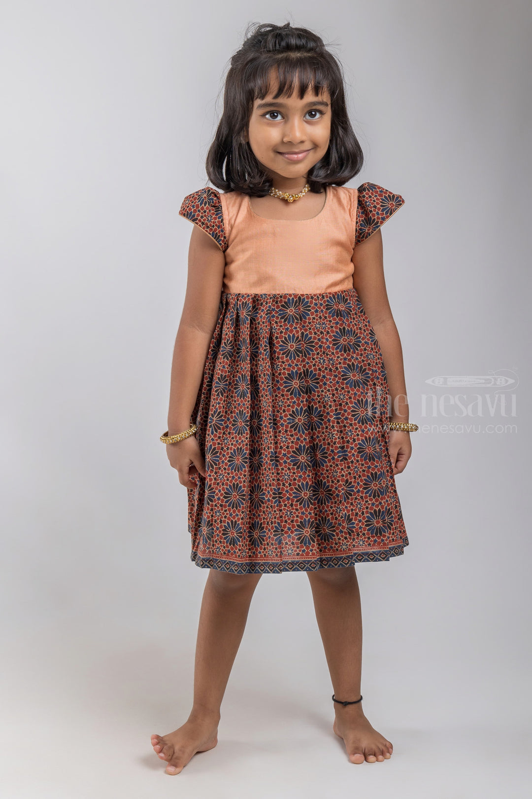 The Nesavu Girls Cotton Frock Soft Cotton Printed Brown Cotton Gown For Baby Girls With Contrasting Yoke With Floral printed Sleeves psr silks Nesavu 12 (3M) / Brown / Cotton GFC857
