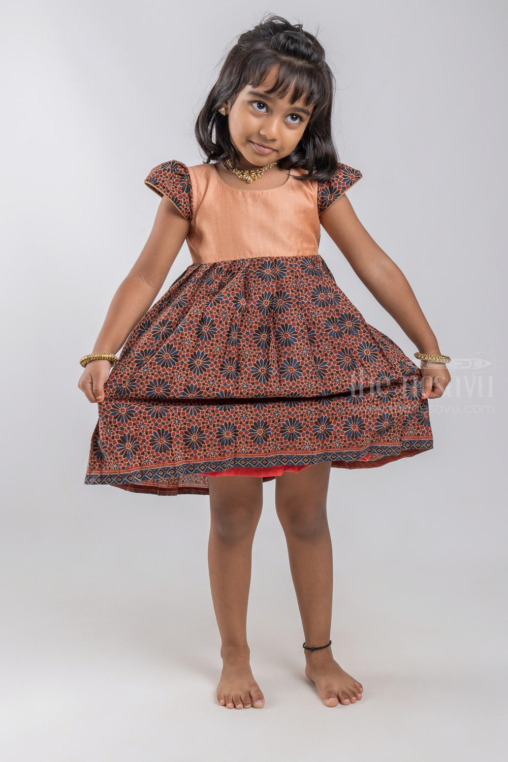 The Nesavu Girls Cotton Frock Soft Cotton Printed Brown Cotton Gown For Baby Girls With Contrasting Yoke With Floral printed Sleeves psr silks Nesavu