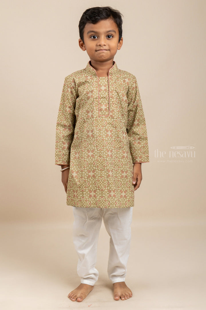 The Nesavu Boys Kurtha Set Soft Cotton Printed Kurta For Baby Boys Online With Designer Pant Nesavu 14 (6M) / Beige / Cotton BES133-14 Mandarin Collar Kurta For Boys | Stylish Traditional Outfit Ideas | The Nesavu