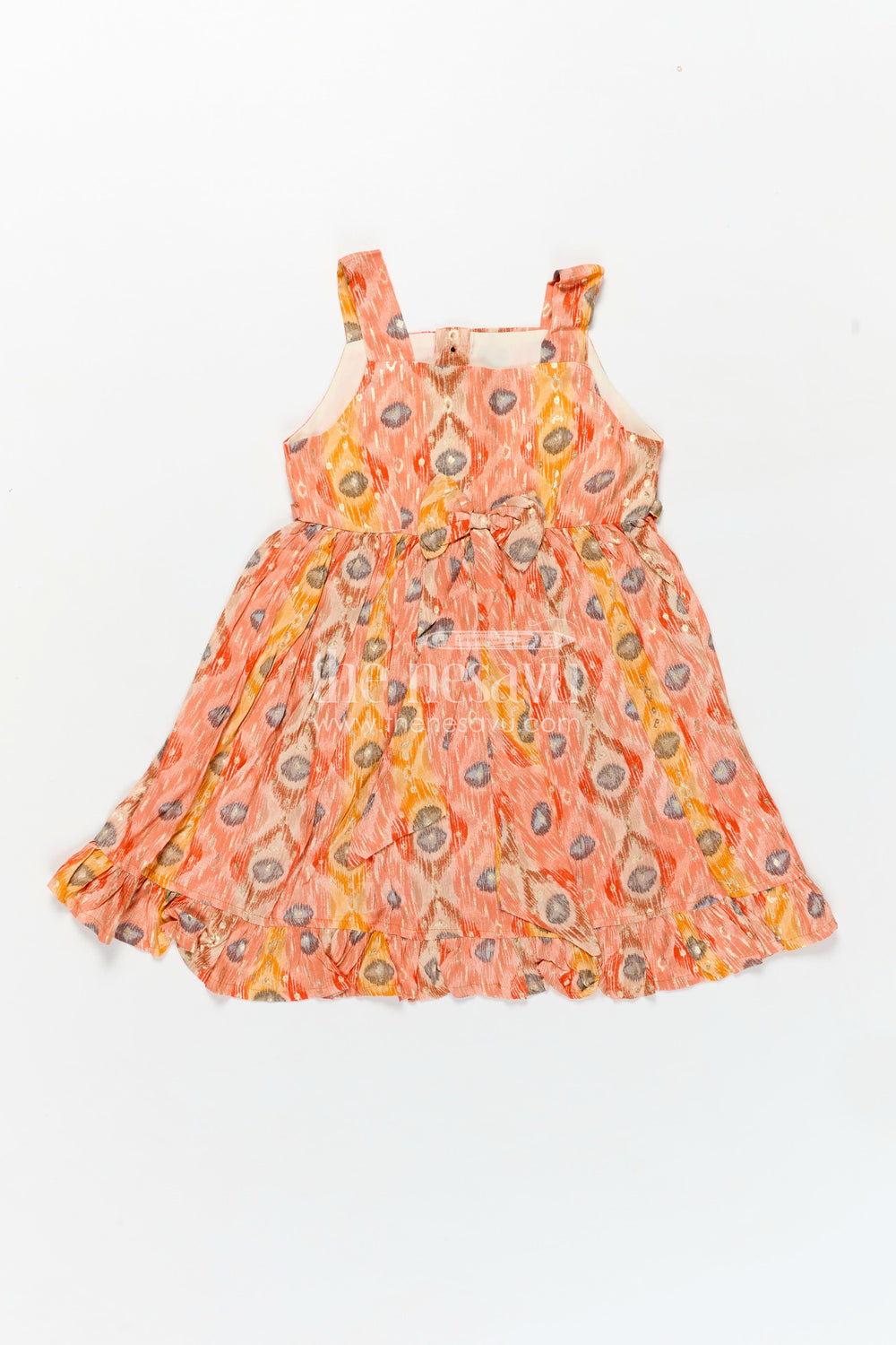 The Nesavu Girls Fancy Frock Soft Modal Silk Frock for Girls in Orange with Digital Peacock-Inspired Print and Flowy Fit Nesavu 18 (2Y) / Yellow GFC1791C-18 Nesavu Soft Modal Silk Frock Girls Orange Peacock Digital Print Ruffled Hem