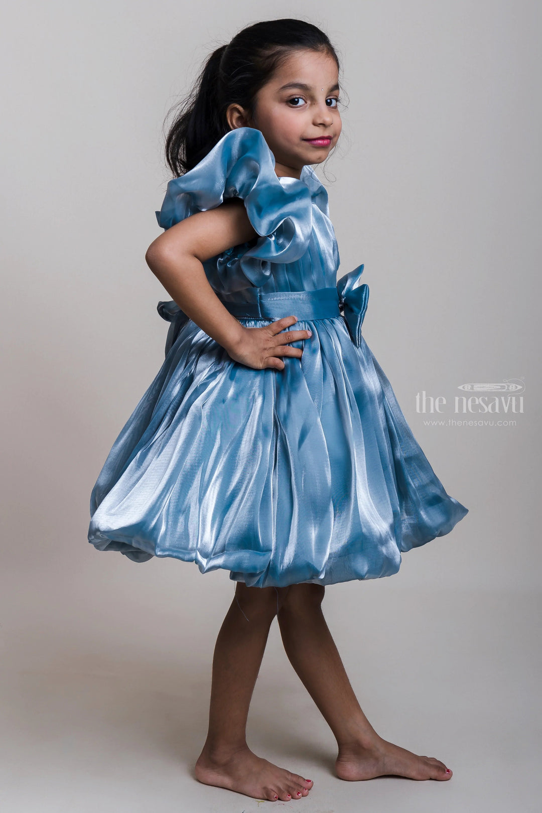 The Nesavu Party Frock Soft Organza Grey Frock With Bow Embellishment For Girls Nesavu Party Wear Frocks For New Born Girls | Stylish Festive Collection | The Nesavu