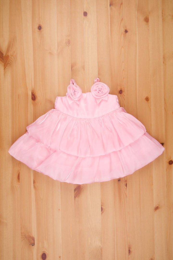 The Nesavu Girls Fancy Party Frock Soft Rose Glow Newborns Dream Dress - Dual-Layered Shimmer Frock with Strap Shoulders & Rose Accents Nesavu 14 (6M) / Pink / Organza Tissue PF131G-14 Western Gowns For Party | Princess Frock For First Birthday | The Nesavu