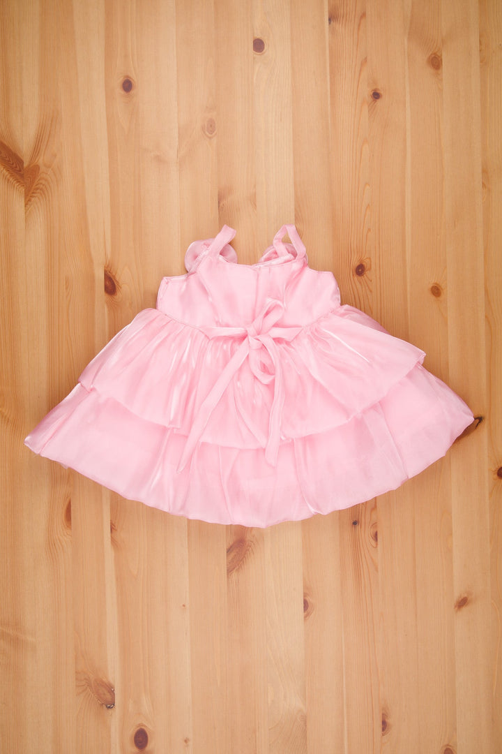 The Nesavu Girls Fancy Party Frock Soft Rose Glow Newborns Dream Dress - Dual-Layered Shimmer Frock with Strap Shoulders & Rose Accents Nesavu Western Gowns For Party | Princess Frock For First Birthday | The Nesavu