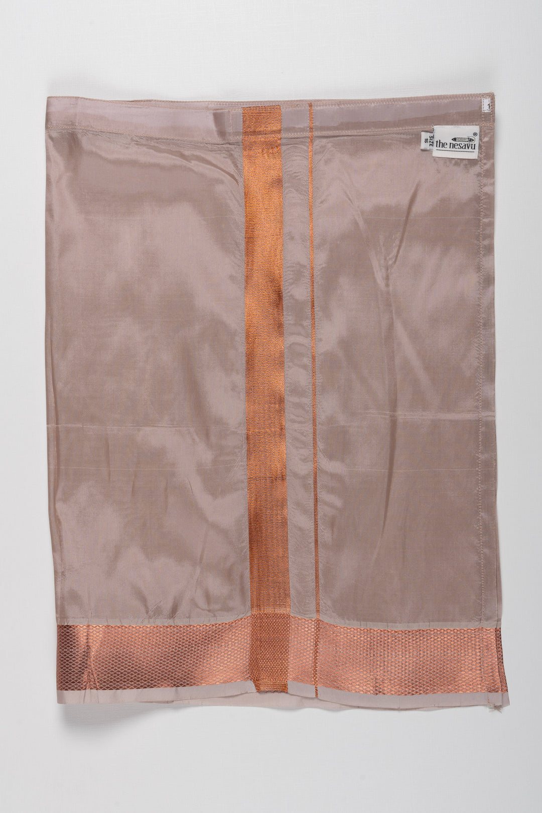 The Nesavu Boys Vesti Sophisticated Beige Silk Blend Boys Dhoti with Copper Accents Nesavu 14 (6M) / Gray / Blend Silk D009D-14 Classic Beige Boys Dhoti | Copper Detailed Traditional Wear for Special Occasions | The Nesavu
