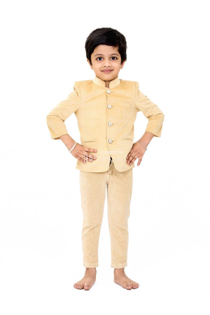 The Nesavu Boys Blazer Set Sophisticated Boys Traditional Kurta Set with Modern Trousers and T-shirt Nesavu 16 (1Y) / Beige / Blend Silk BES539B-16 Boys Designer Ethnic Kurta and Trousers Set | Perfect for Any Occasion | The Nesavu