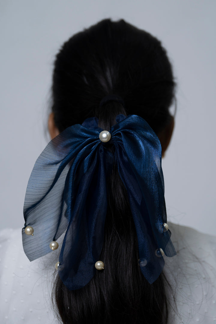 The Nesavu Scrunchies / Rubber Band Sophisticated Deep Blue Organza Bow Hairband with Pearls Nesavu Blue JHS25C Chic Deep Blue Organza Bow Hairband | Elegant Hair Accessory for Every Occasion | The Nesavu
