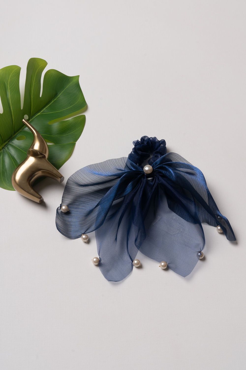 The Nesavu Scrunchies / Rubber Band Sophisticated Deep Blue Organza Bow Hairband with Pearls Nesavu Blue JHS25C Chic Deep Blue Organza Bow Hairband | Elegant Hair Accessory for Every Occasion | The Nesavu