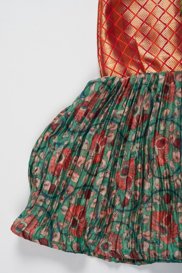 The Nesavu Silk Frock Sophisticated Diamond-Pattern Silk Frock for Girls with Floral Skirt Detail Nesavu Coral Diamond Pattern Silk Dress for Girls | Elegant Children's Silk Dresses | The Nesavu