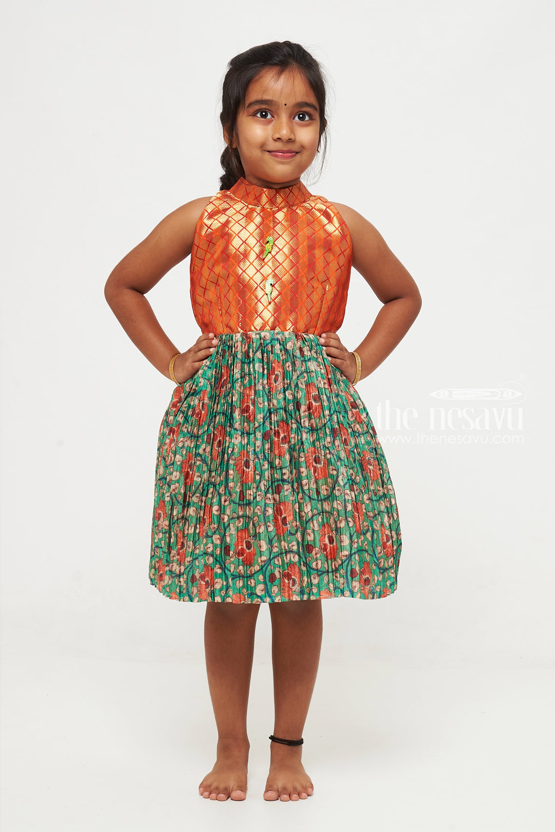 Sophisticated Diamond-Pattern Silk Frock for Girls with Floral Skirt Detail