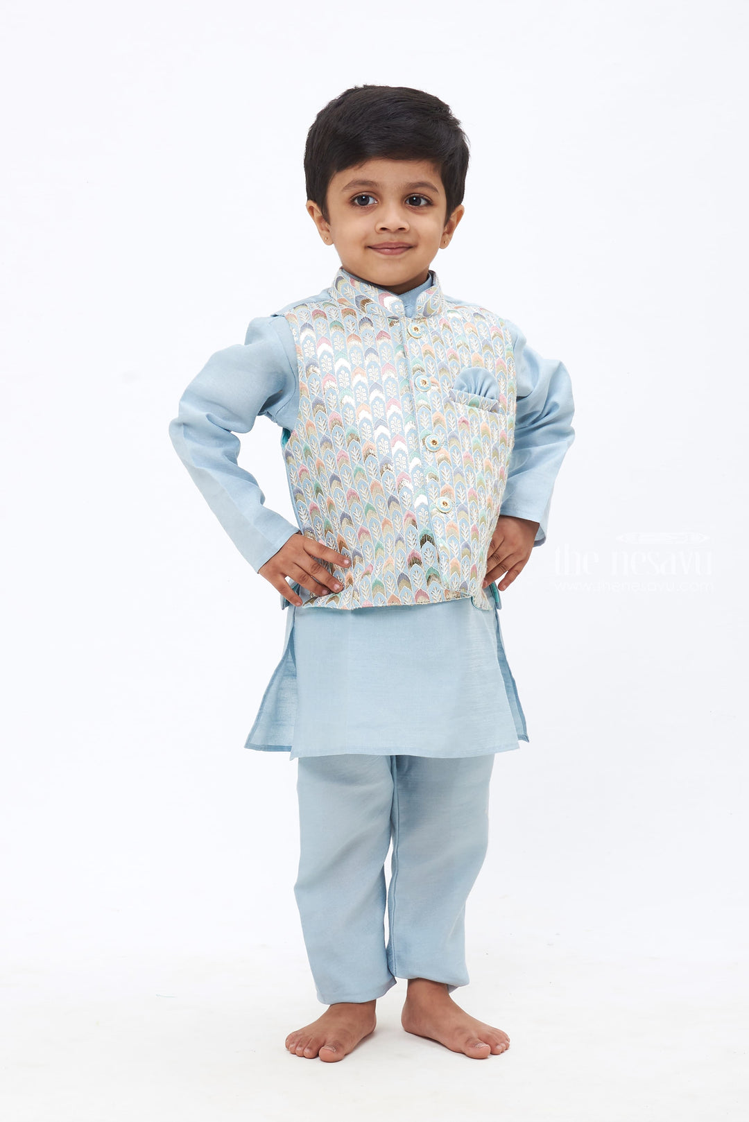 The Nesavu Boys Jacket Sets Sophisticated Ensemble : Elegant Boys' Embroidered Overcoat Kurta with Pant Set in Subtle Blue Nesavu 16 (1Y) / Blue / Blend Silk BES442A-16 Boys Embroidered Overcoat Kurta & Pant Set | Subtle Blue Elegance | Nesavu Collection