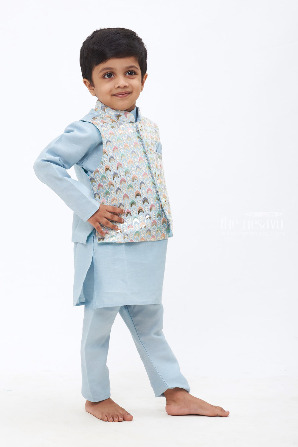 The Nesavu Boys Jacket Sets Sophisticated Ensemble : Elegant Boys' Embroidered Overcoat Kurta with Pant Set in Subtle Blue Nesavu Boys Embroidered Overcoat Kurta & Pant Set | Subtle Blue Elegance | Nesavu Collection