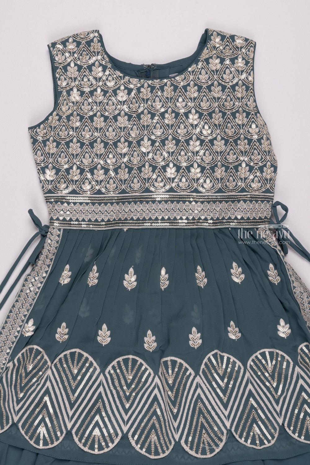 The Nesavu Girls Sharara / Plazo Set Sophisticated Sequin Embroidered Pleated Grey Kurti with Solid Palazzo & Dupatta Set for Girls Nesavu Designer Kids Kurti and Palazzo Set | Modern Ethnic Wear | The Nesavu