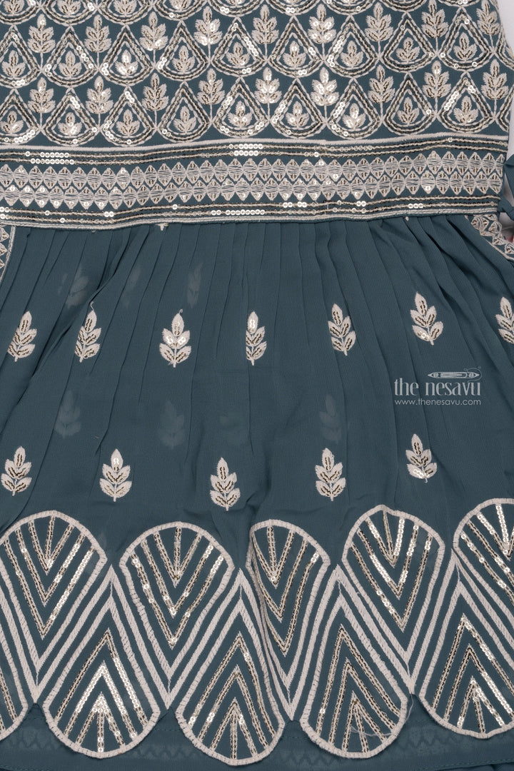The Nesavu Girls Sharara / Plazo Set Sophisticated Sequin Embroidered Pleated Grey Kurti with Solid Palazzo & Dupatta Set for Girls Nesavu Designer Kids Kurti and Palazzo Set | Modern Ethnic Wear | The Nesavu