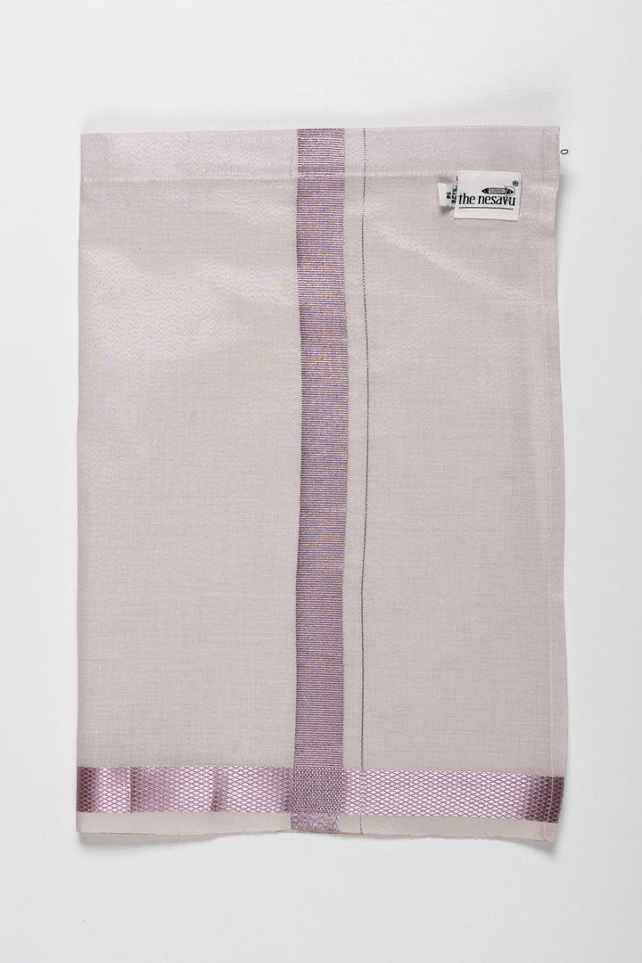 The Nesavu Boys Vesti Sophisticated Silver Boys Dhoti with Lavender Accent Stripes Nesavu Elegant Silver and Lavender Boys Dhoti | Stylish Festive Wear for Young Gentlemen | The Nesavu