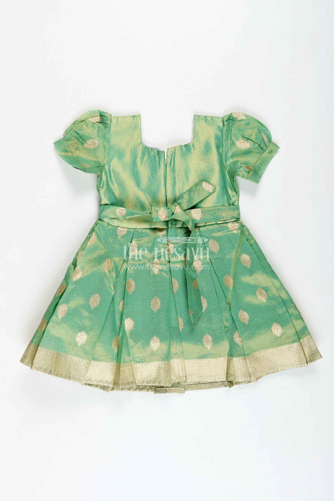 Nesavu Traditional South Indian Green Silk Frock Girls Golden Tissue Bottom Zari Accents The Nesavu Nesavu Traditional South Indian Green Silk Frock Girls Golden Tissue Bottom Zari Accents The Nesavu
