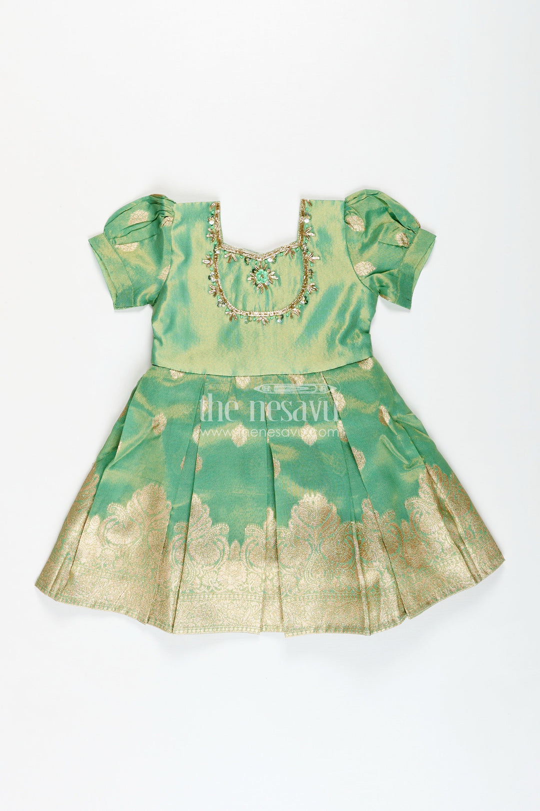 The Nesavu Silk Frock South Indian Traditional Silk Dress For Baby Girls With Zari Work Nesavu Nesavu Traditional South Indian Green Silk Frock Girls Golden Tissue Bottom Zari Accents