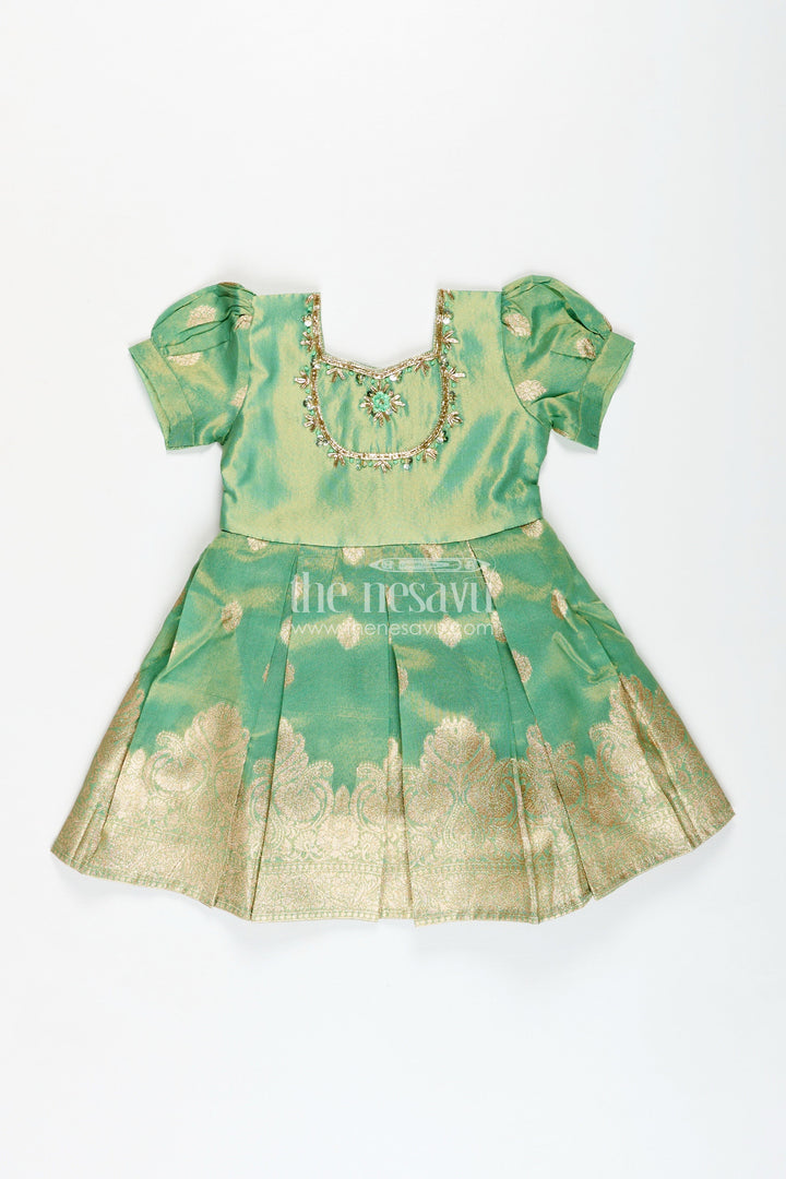 The Nesavu Silk Frock South Indian Traditional Silk Dress For Baby Girls With Zari Work Nesavu Nesavu Traditional South Indian Green Silk Frock Girls Golden Tissue Bottom Zari Accents