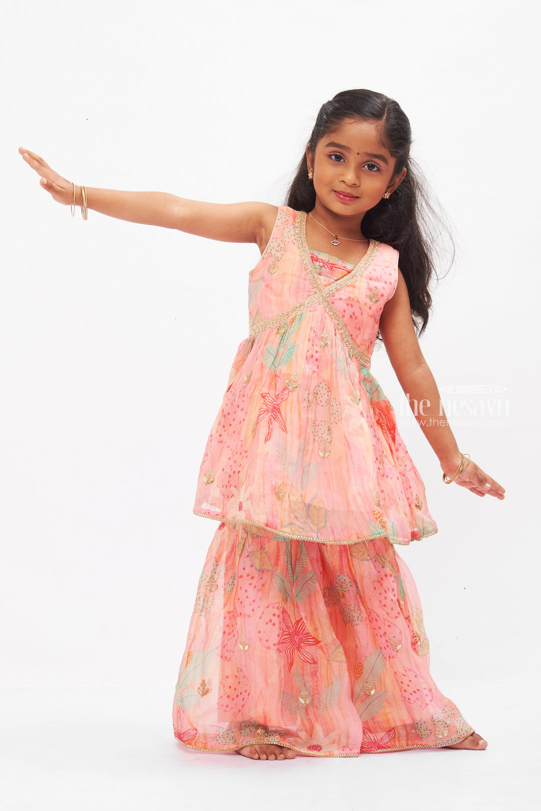 The Nesavu Girls Sharara / Plazo Set Sparkling Pink Gharara Set with Sequined Accents for Girls Nesavu Buy Girls Pink Sequined Gharara Set | Floral Printed Ethnic Wear | The Nesavu