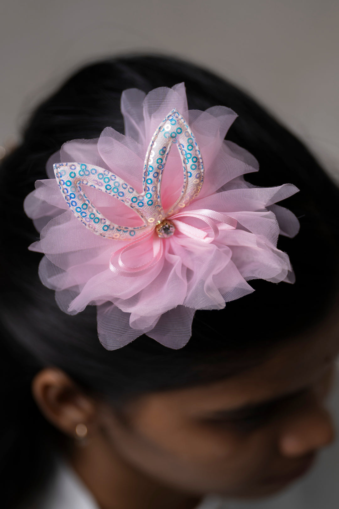 The Nesavu Hair Clip Sparkling Pink Lotus Tulle Hair Clip with Sequin Detailing for Girls Nesavu Pink JHCL66A Girls Sequined Pink Lotus Tulle Hair Clip | Charming Hair Accessory for Every Occasion | The Nesavu