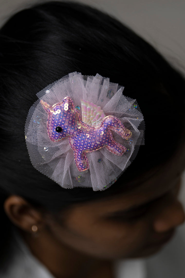 The Nesavu Hair Clip Sparkling Purple Unicorn Tulle Hair Clip Nesavu Purple JHCL64A Purple Unicorn Hair Clip with Tulle | Enchanting Hair Accessory for Girls | The Nesavu