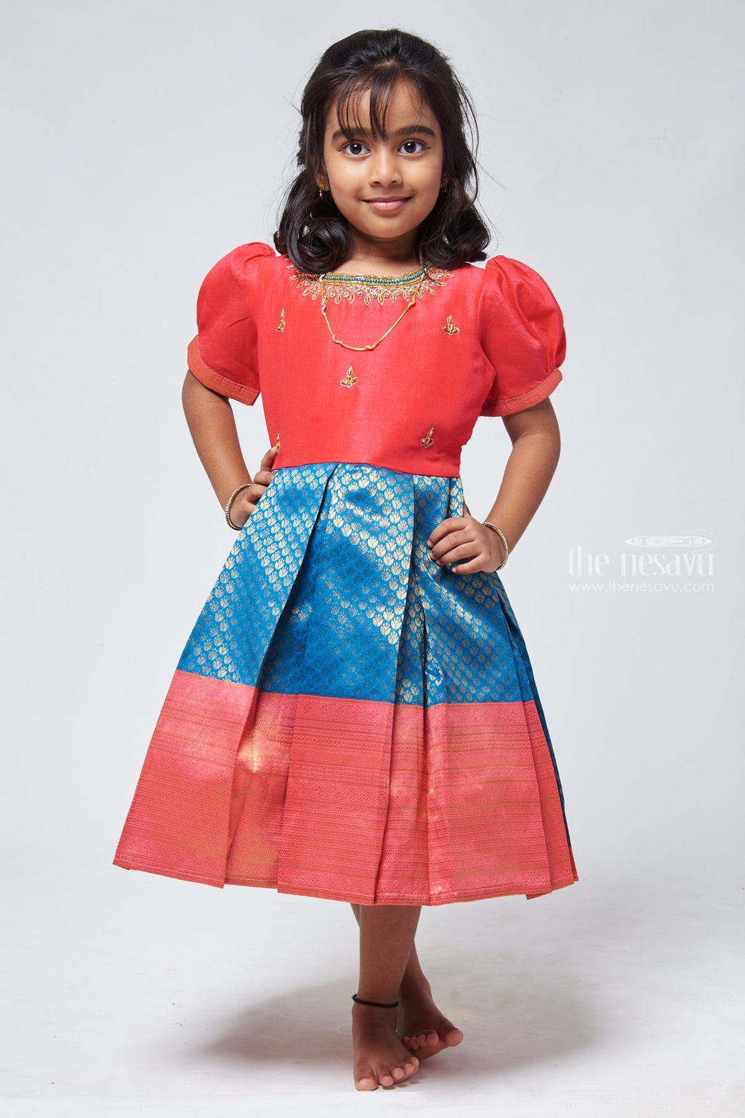 The Nesavu Silk Party Frock Sparkling Rhine Stone Artistry on Brocade Design Pink Pattu Dress Elegance for Little Girls Nesavu 16 (1Y) / Pink / Silk Blend SF684-16 Festive Wear Silk Frock For Girls | Traditional Pattu Frock | The Nesavu