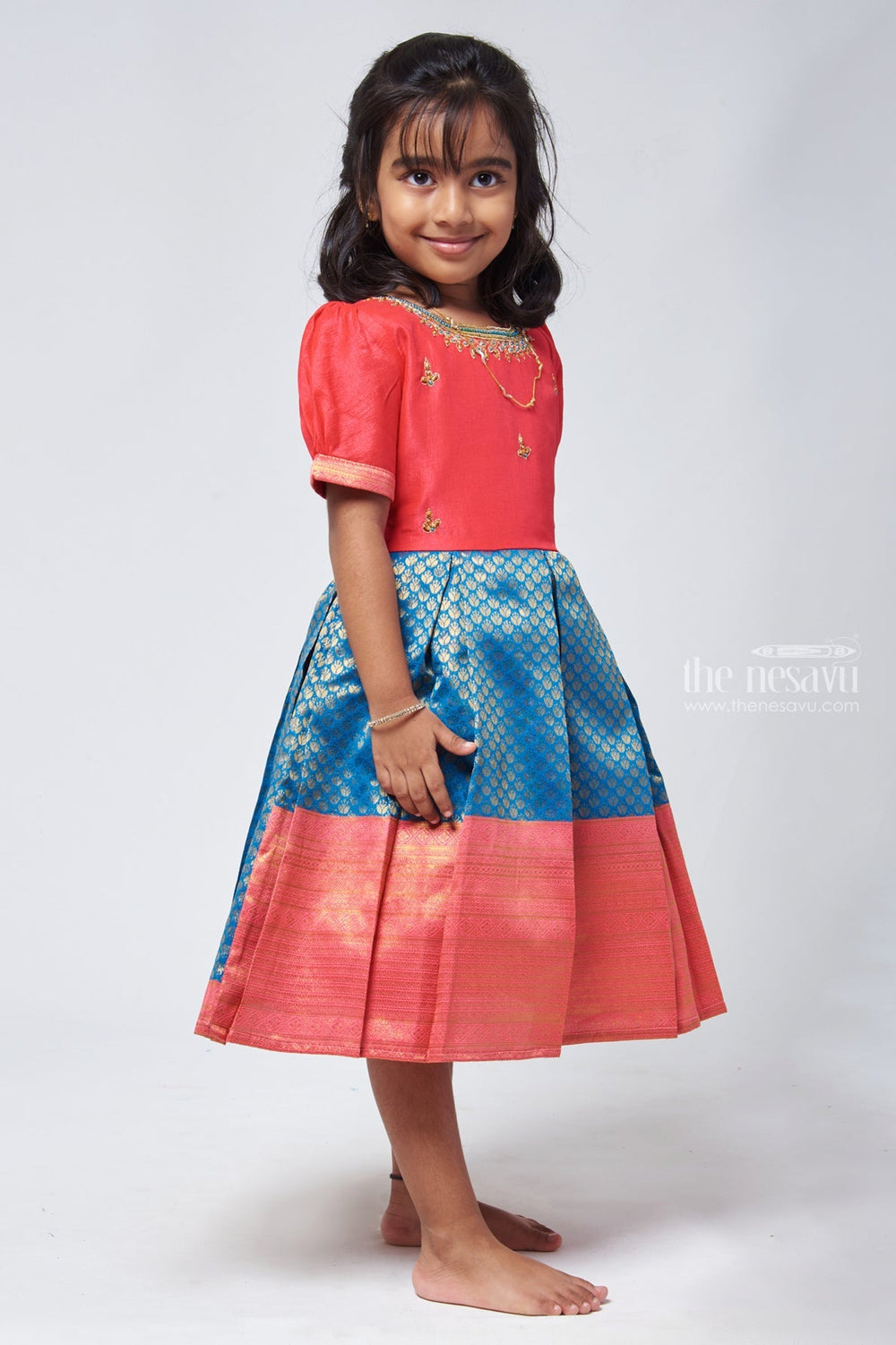 The Nesavu Silk Party Frock Sparkling Rhine Stone Artistry on Brocade Design Pink Pattu Dress Elegance for Little Girls Nesavu Festive Wear Silk Frock For Girls | Traditional Pattu Frock | The Nesavu