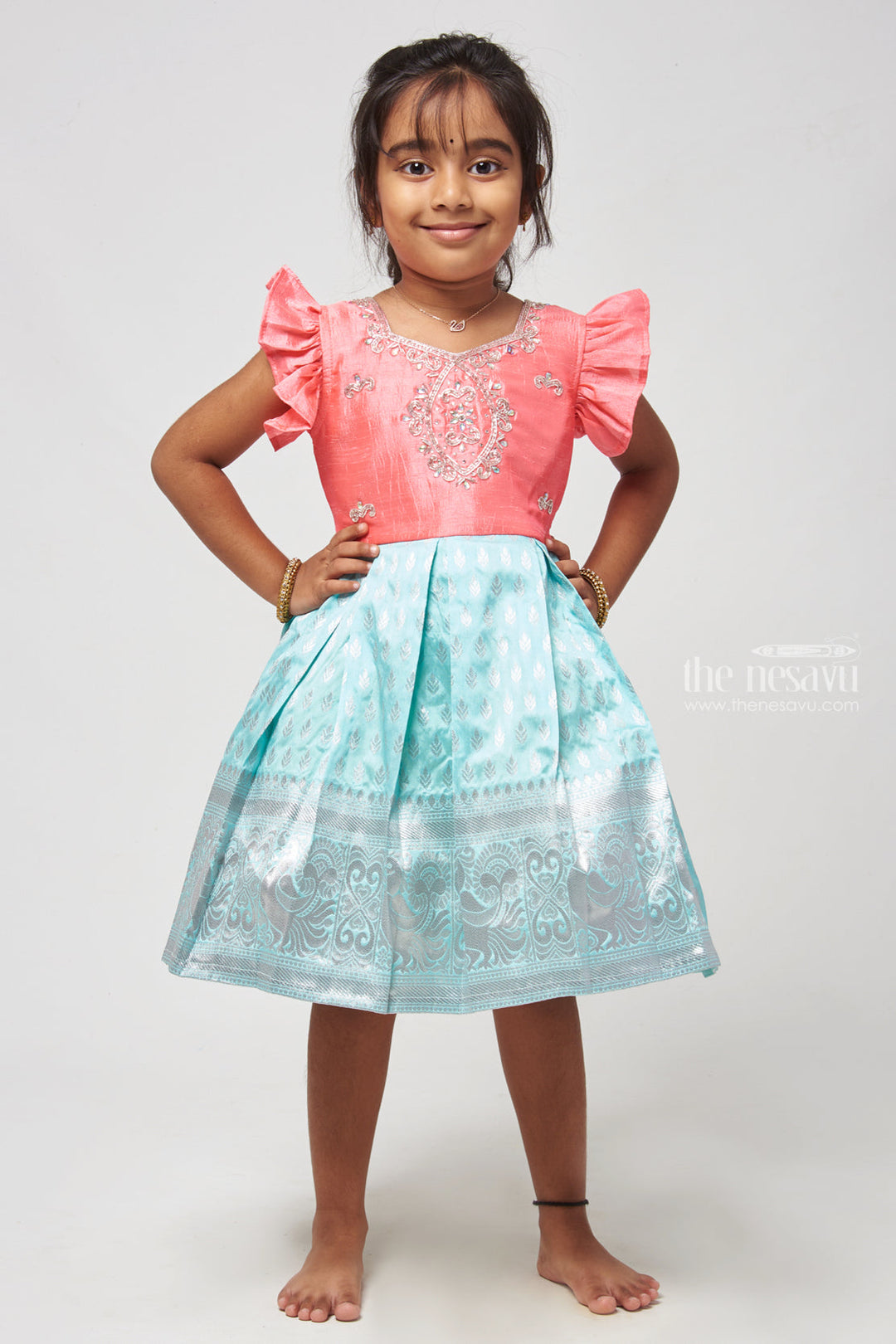 The Nesavu Silk Frock Sparkling Rhine Stones on Salmon Yoke & Royal Blue Butta Marvel Ultimate Party Kanchivaram for Divas. Nesavu 16 (1Y) / Turquoise SF682-16 Butta Designer Blue Silk Party Frock | Silk Frock New Collection | The Nesavu