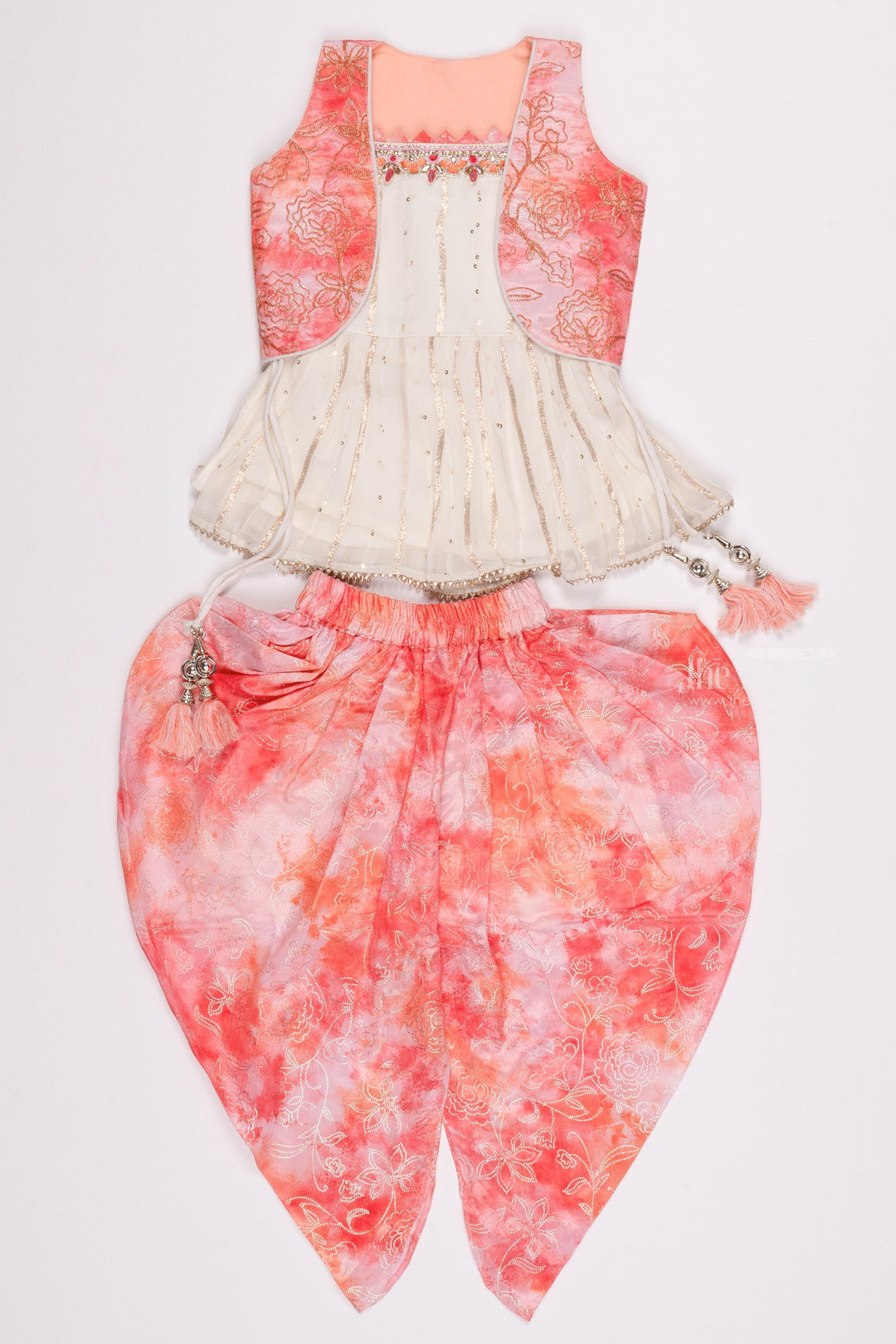 The Nesavu Girls Dothi Sets Sparkling White Kurti & Pink Tie-Dye Dhoti: Glittery Sequin Ensemble - Latest Frock Design for Fashion Nesavu 18 (2Y) / Pink / Georgette GPS169B-18 Latest Girls Kurti and Dhoti Designs | Elegant Dothi Set Outfits for Girls | The Nesavu